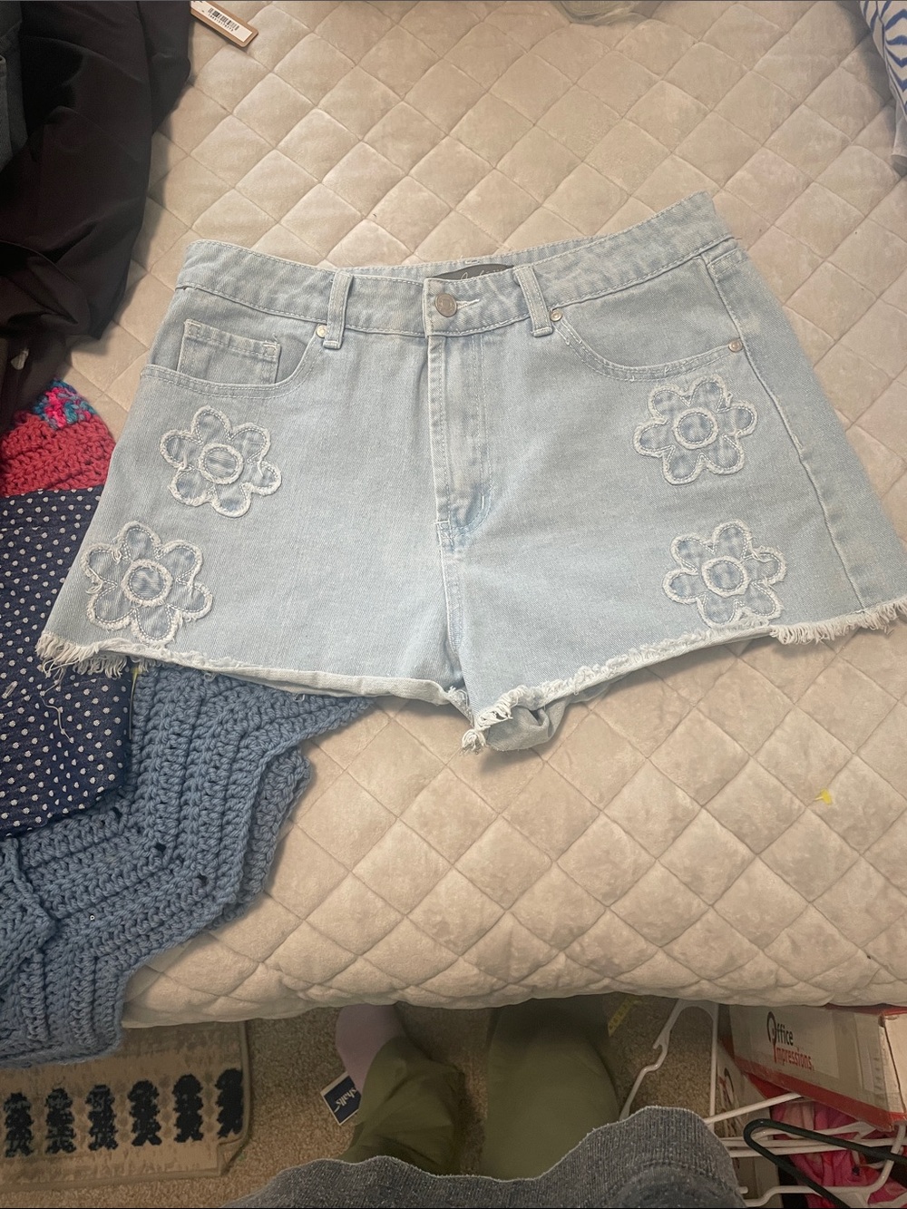 Light Wash Denim Shorts with Floral Embroidered Appliqués